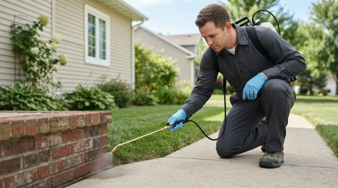Pest control technician treating a home near Franklin, PA